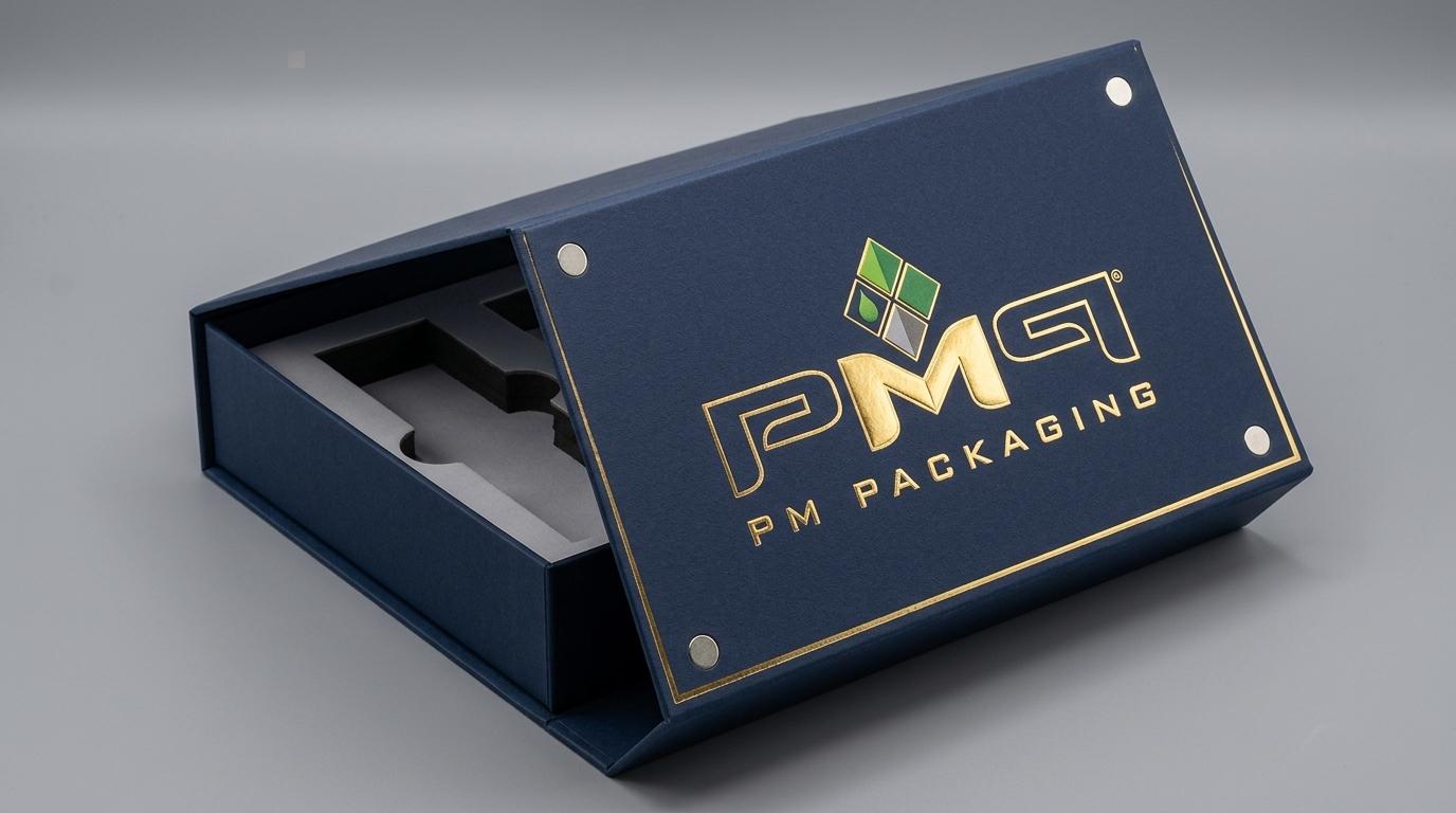 Commercial-scale rigid luxury box showing opening reveal, paperboard insert platform, foil stamped logo, and magnetic lid closure with PM Packaging logo