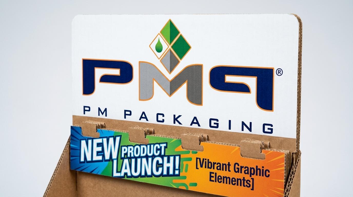 Corrugated retail display header panel showing removable promotional launch sign and locking tabs with PM Packaging logo