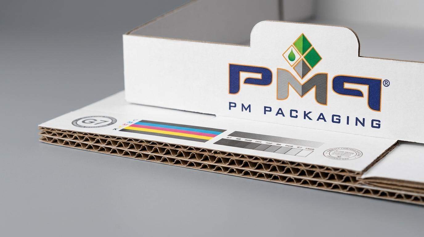 Cross-section of Single Face Lamination SFL box showing printed liner bonded to E-flute medium with G7 color bars and PM Packaging logo