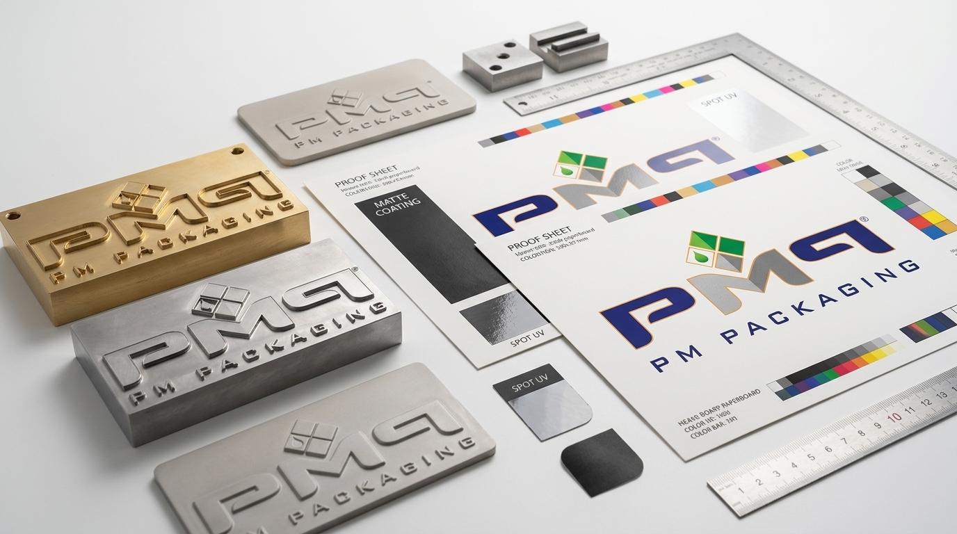 Custom paperboard foil stamping dies, embossing counter-punches, matte and spot UV coating swatches with PM Packaging logo
