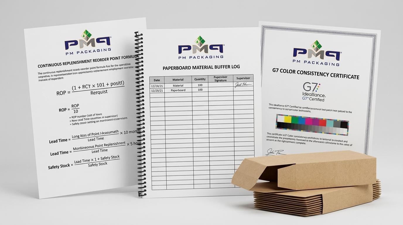 Continuous replenishment reorder point formula sheet, paperboard material buffer log, and G7 color consistency certificate with PM Packaging logo