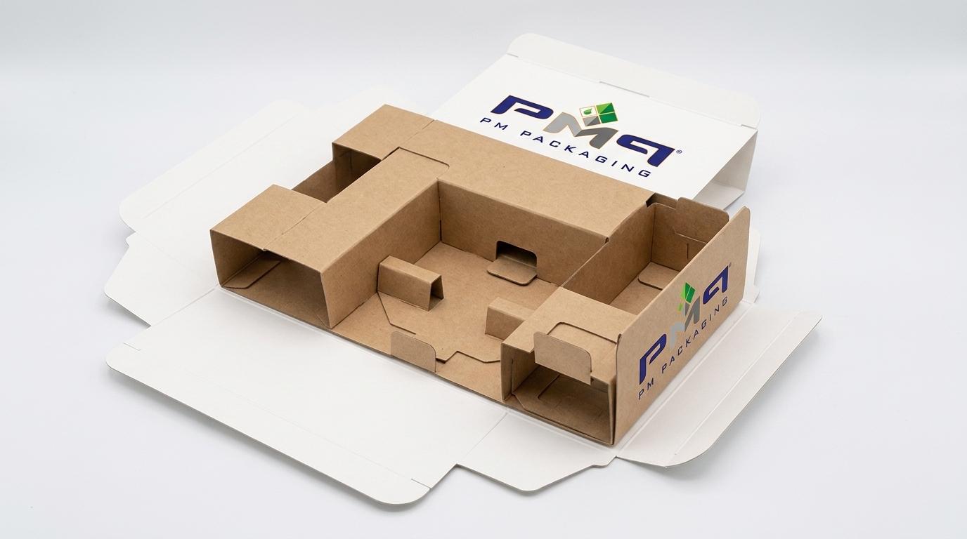 Modular paperboard insert system fitted into a standardized folding carton blank with PM Packaging logo