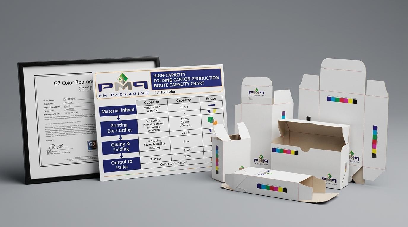 High-capacity folding carton production route capacity chart and G7 color reproduction certificate with PM Packaging logo