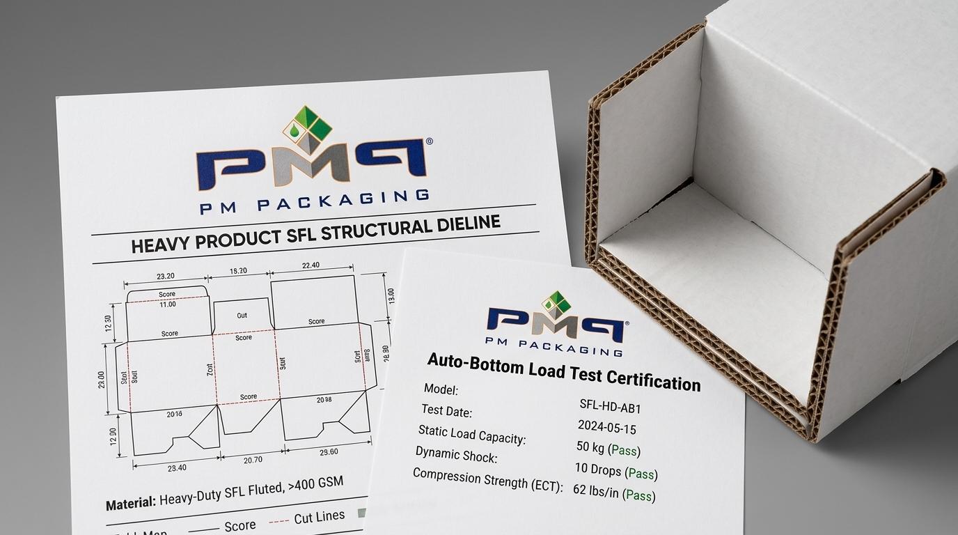 Heavy product SFL structural dieline specification document and auto-bottom load test certification alongside heavy-duty SFL fluted carton corner with PM Packaging logo