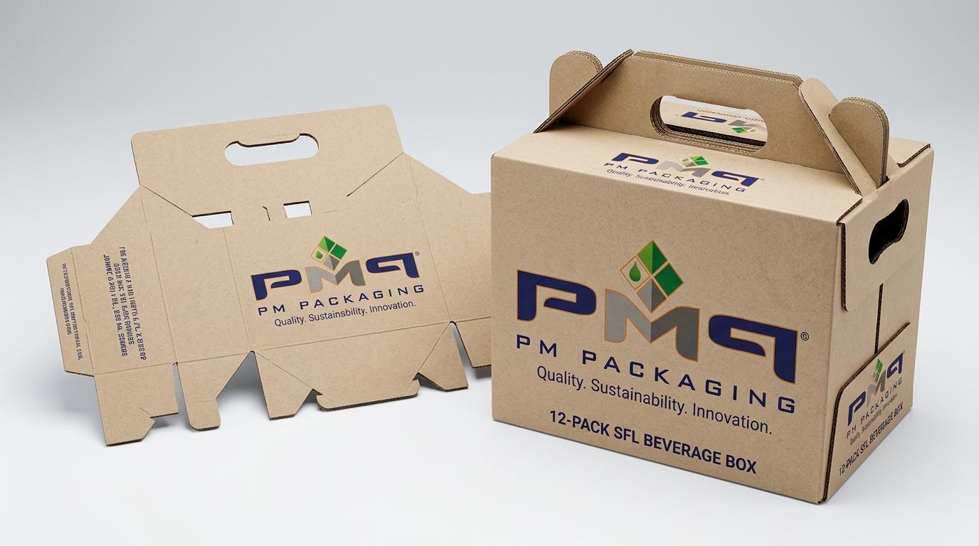 6-pack paperboard beverage carrier dieline flat blank alongside a heavy-duty 12-pack SFL beverage box with PM Packaging logo