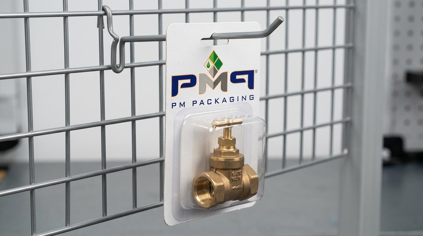 Technical engineering photo of a heavy hardware blister card holding a solid brass valve on a metal peg hook, showing center of gravity alignment and reinforced sombrero hang slot