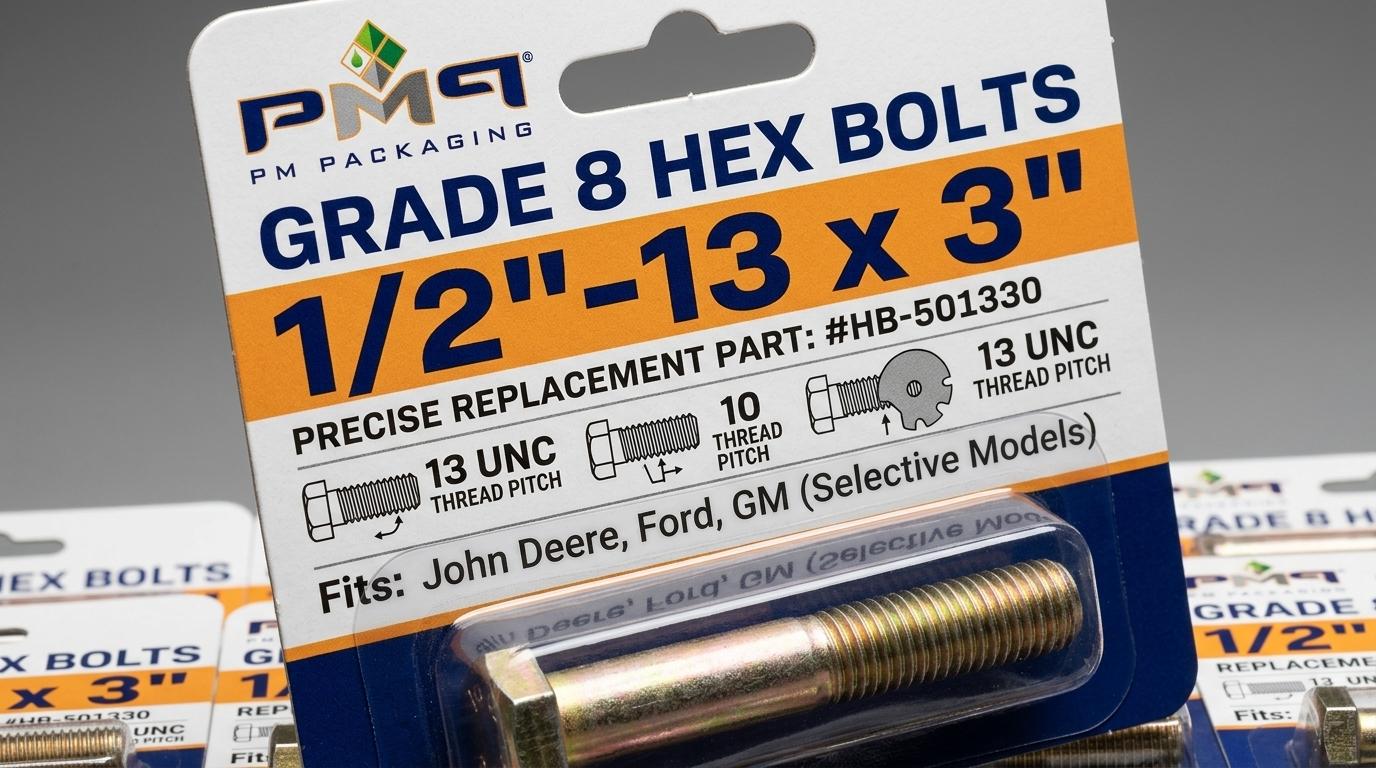 Macro view of hardware blister card showing clear graphic hierarchy: brand, product category, large fractional size callouts, part numbers, and compatibility icons
