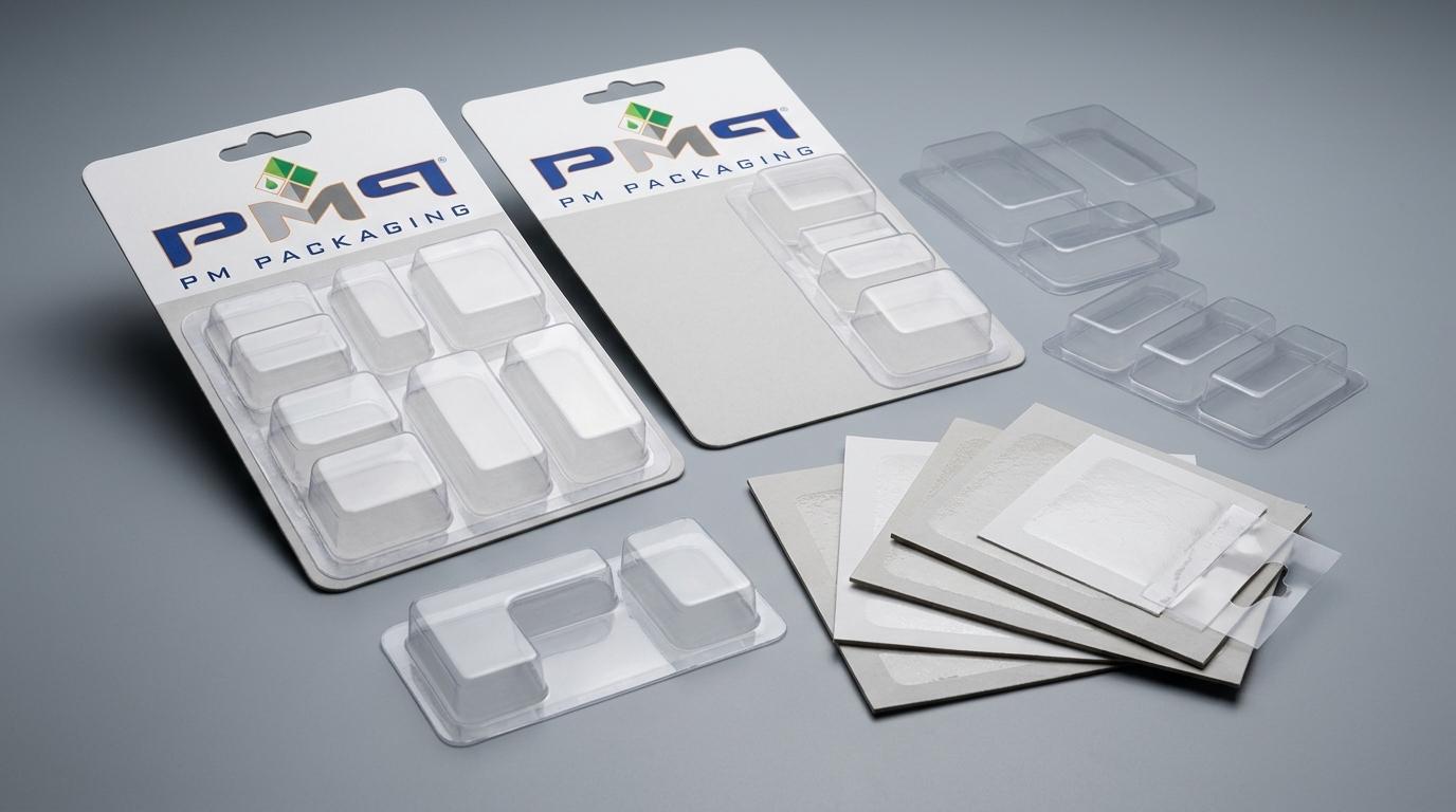 Custom paperboard hardware blister cards, multi-compartment thermoformed clear blister shells, and heat-seal samples with PM Packaging logo
