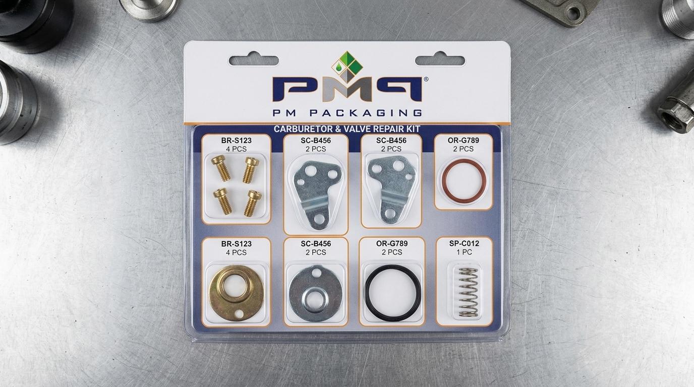 Top-down overhead knolling layout of an automotive carburetor repair kit on a blister card with individual thermoformed pockets for screws, brackets, and O-rings