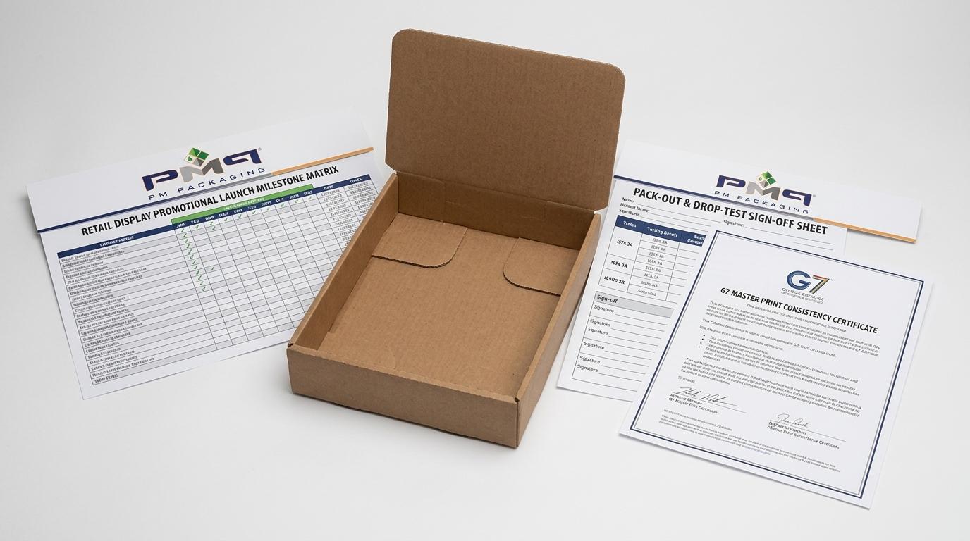 Retail display promotional launch milestone matrix, pack-out and drop-test sign-off sheet, and G7 Master print consistency certificate with PM Packaging logo