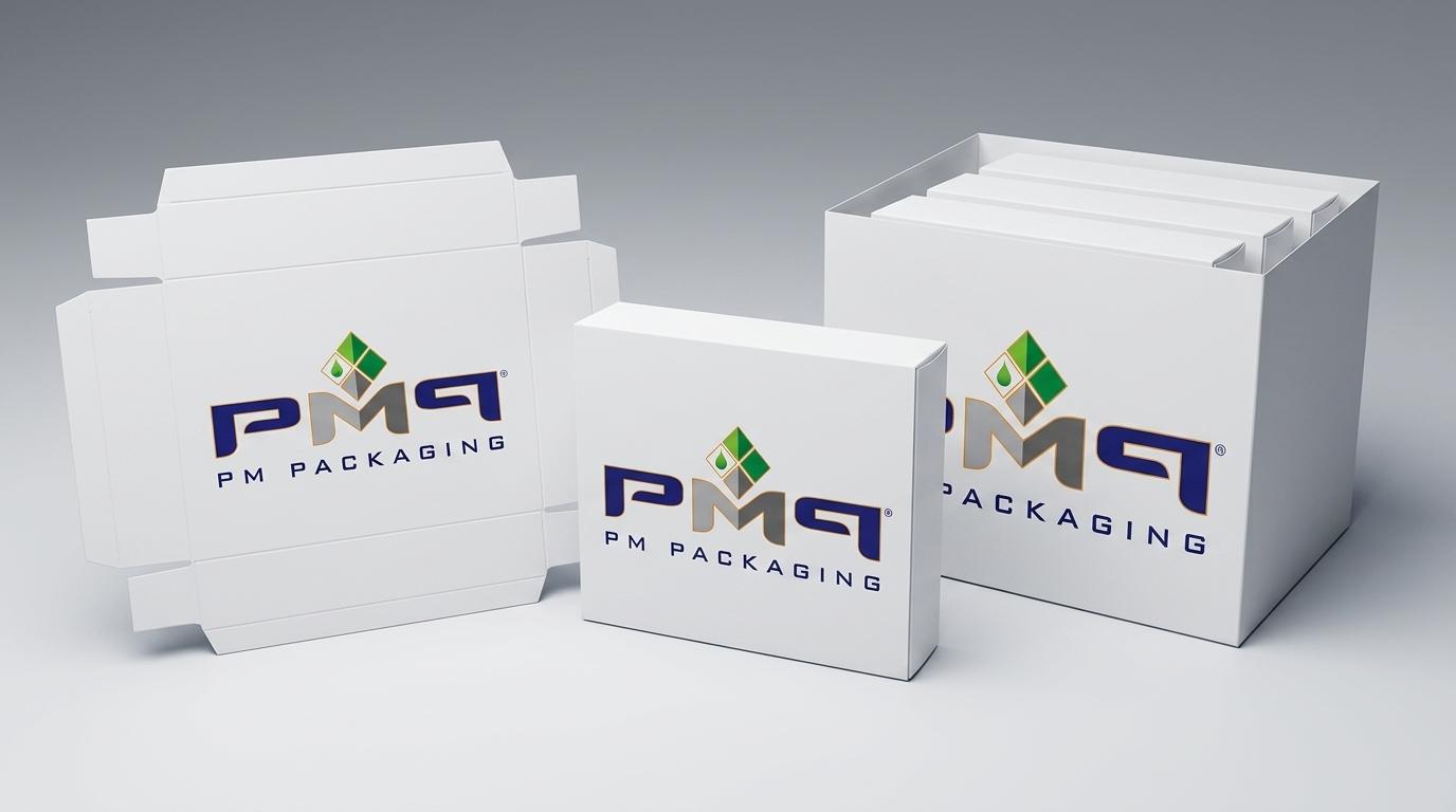 Paperboard frozen meal sleeve dieline flat blank alongside an assembled paperboard sleeve and SFL multipack box with PM Packaging logo