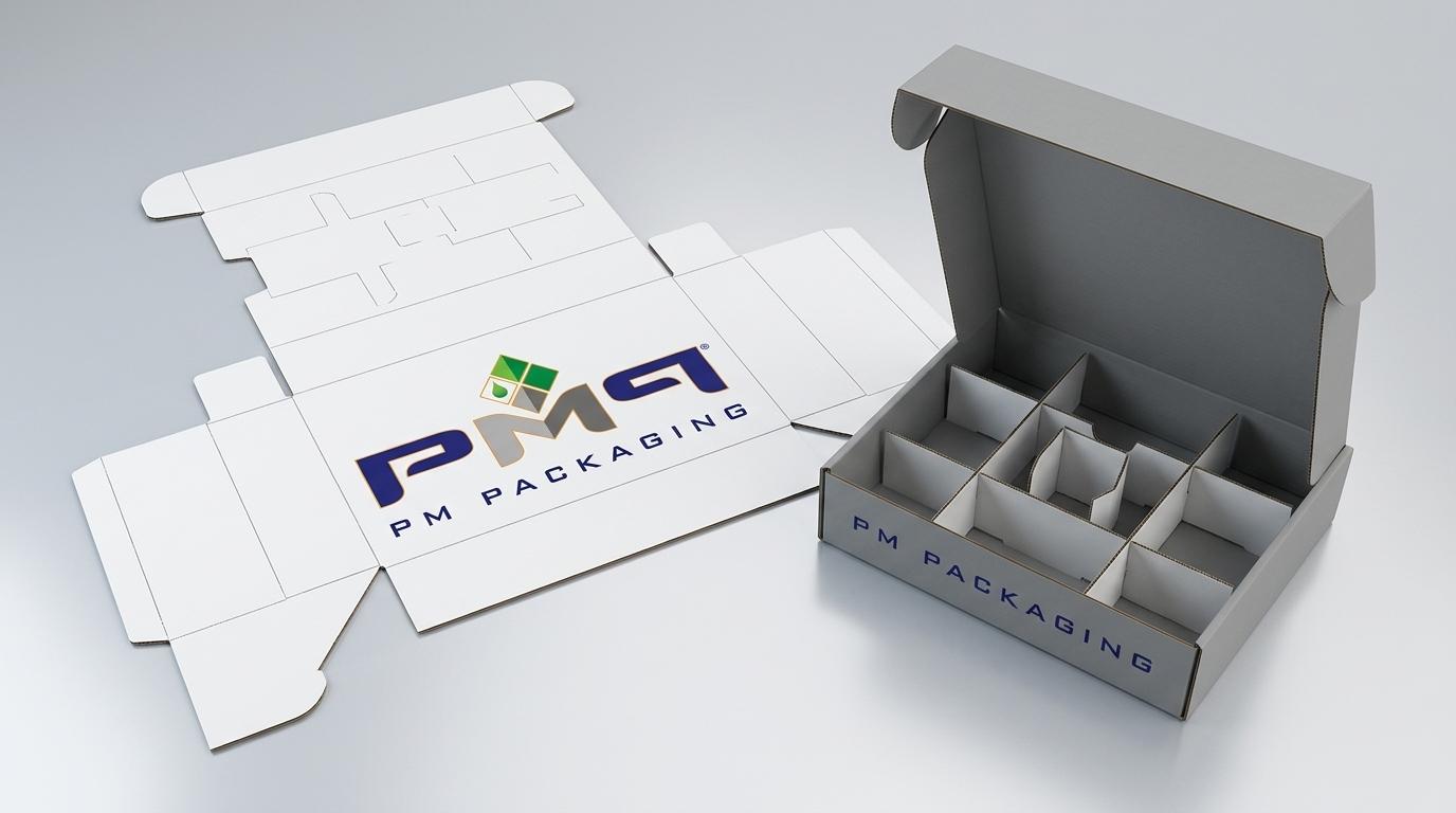Paperboard automotive assembly kit dieline flat blank alongside an SFL line-side kit box with custom dividers featuring PM Packaging logo