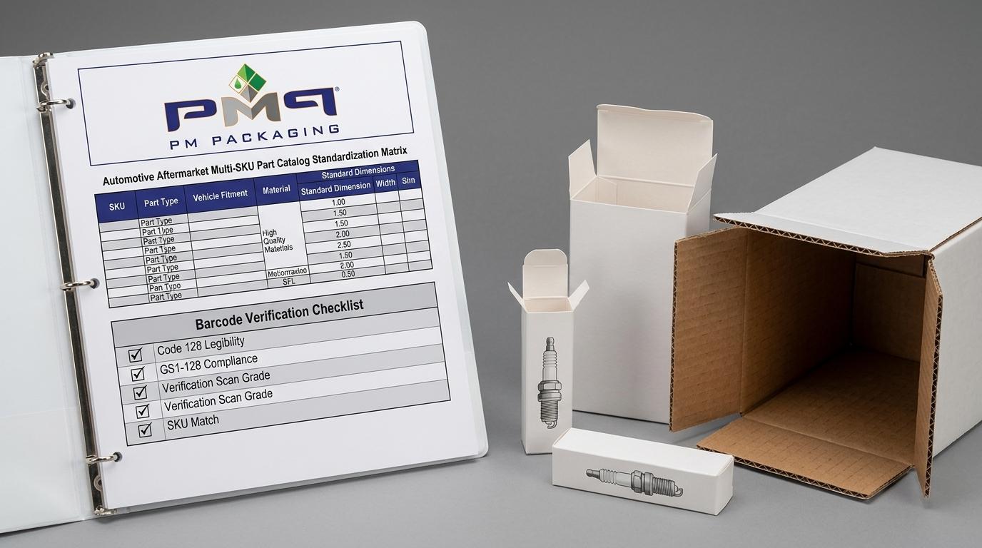 Automotive aftermarket multi-SKU part catalog standardization matrix and barcode verification checklist with PM Packaging logo