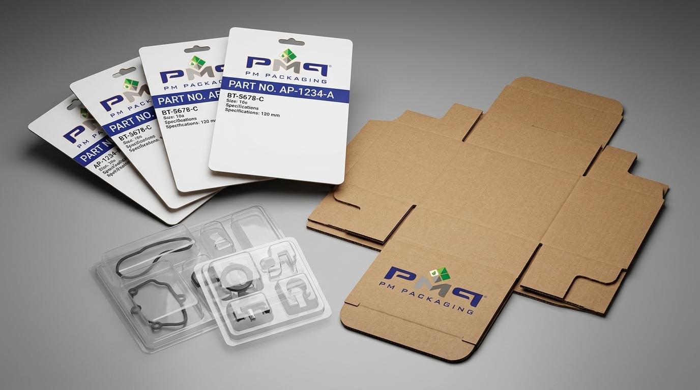 Custom automotive part-number blister cards, thermoformed blister shells, and heavy-duty SFL box dielines with PM Packaging logo