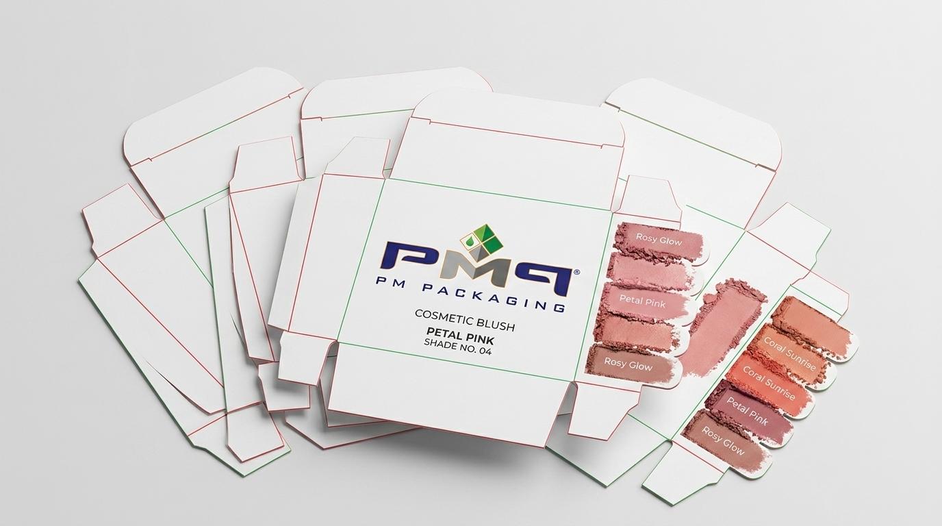 Series of cosmetic paperboard folding carton dielines and end-panel shade navigation flaps with PM Packaging logo
