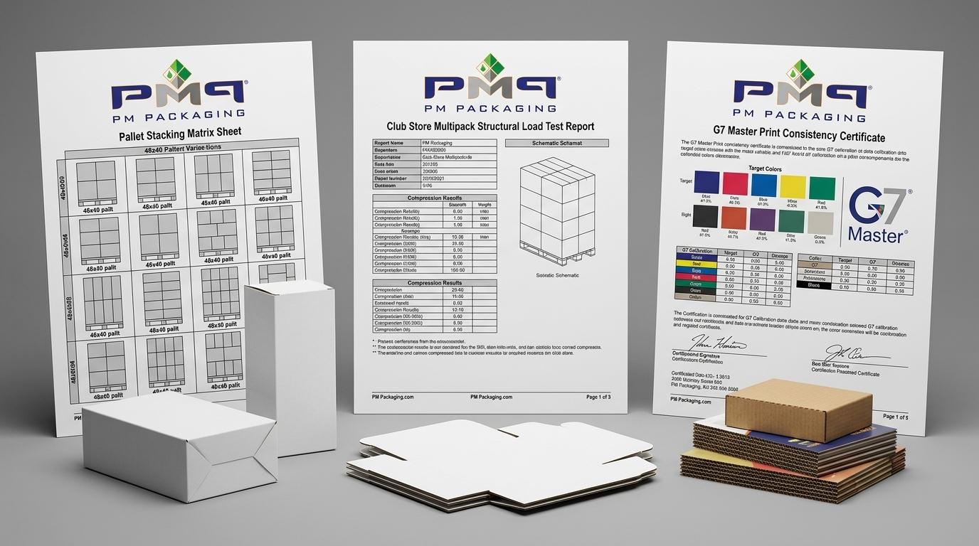 Club store multipack structural load test report, pallet stacking matrix sheet, and G7 Master print consistency certificate with PM Packaging logo