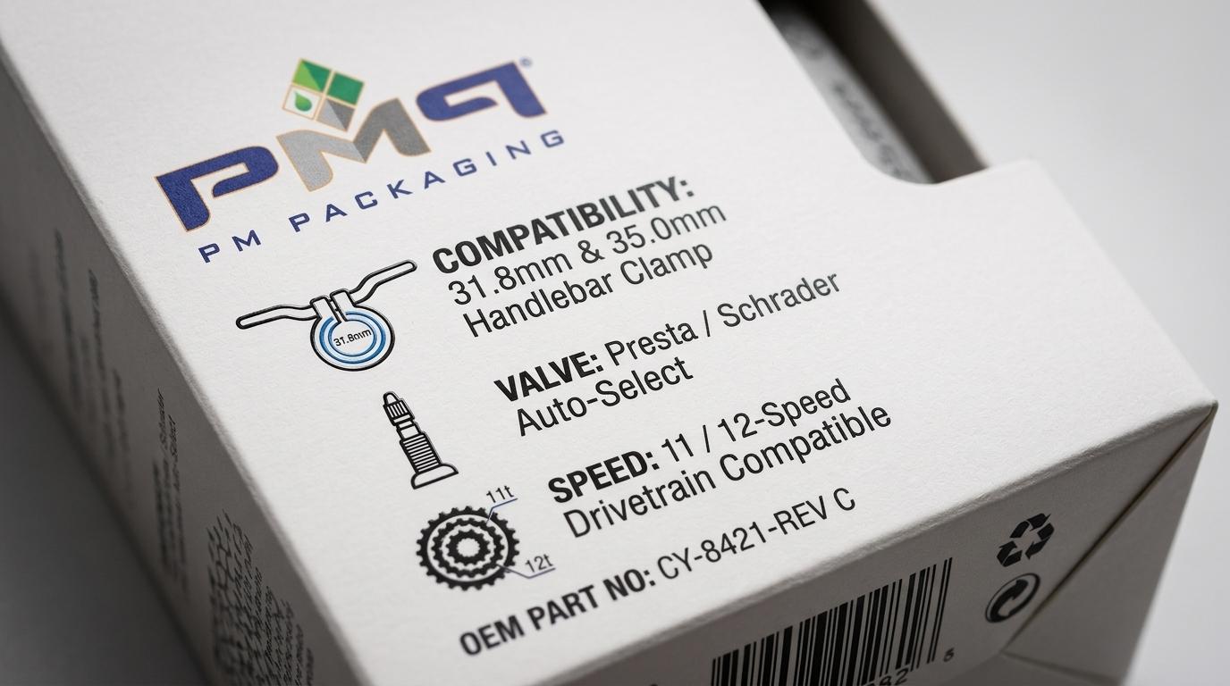 Macro view of cycling accessory packaging showing technical compatibility graphic hierarchy including clamp diameter, valve type, speed rating, and OEM part number