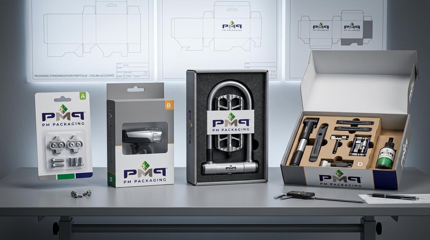 Studio lineup of four standardized packaging platform families for a commercial cycling brand: Platform A peg card, Platform B accessory carton, Platform C heavy SFL box, and Platform D kit carton