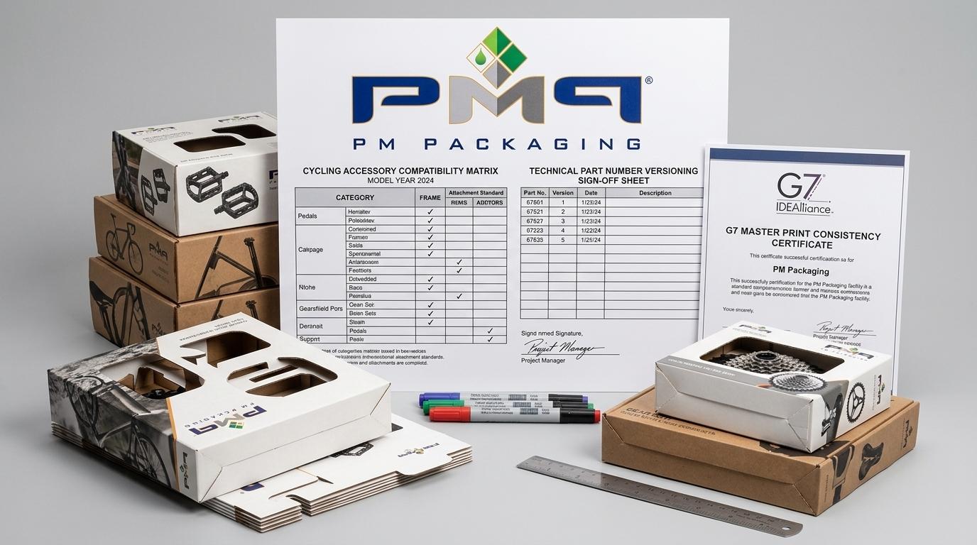 Cycling accessory compatibility matrix, technical part number versioning sign-off sheet, and G7 Master print consistency certificate with PM Packaging logo