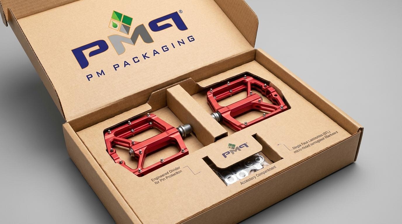 Top-down unboxing view of a pair of anodized alloy mountain bike pedals nestled in an engineered SFL box with custom die-cut paperboard dividers protecting traction pins from scratching