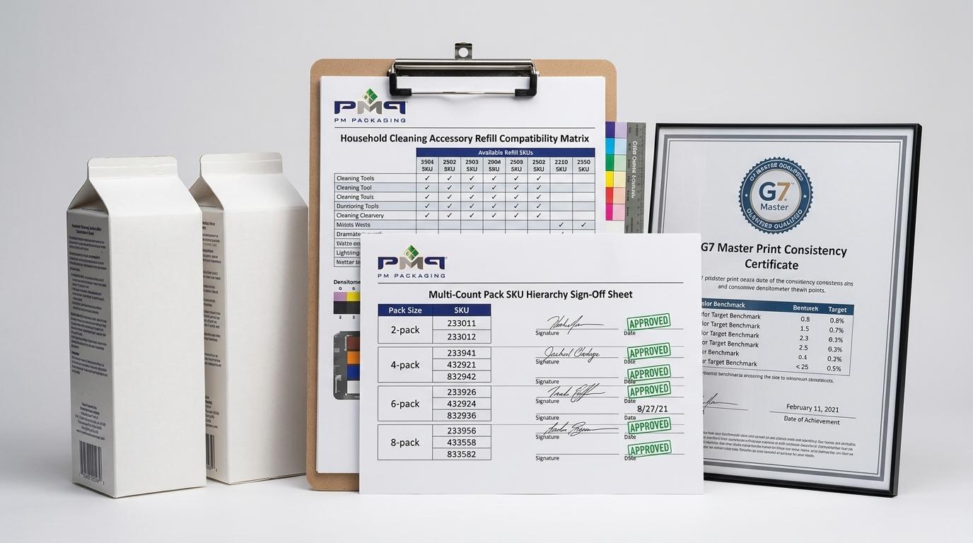 Household cleaning accessory refill compatibility matrix, multi-count pack SKU hierarchy sign-off sheet, and G7 Master print consistency certificate with PM Packaging logo