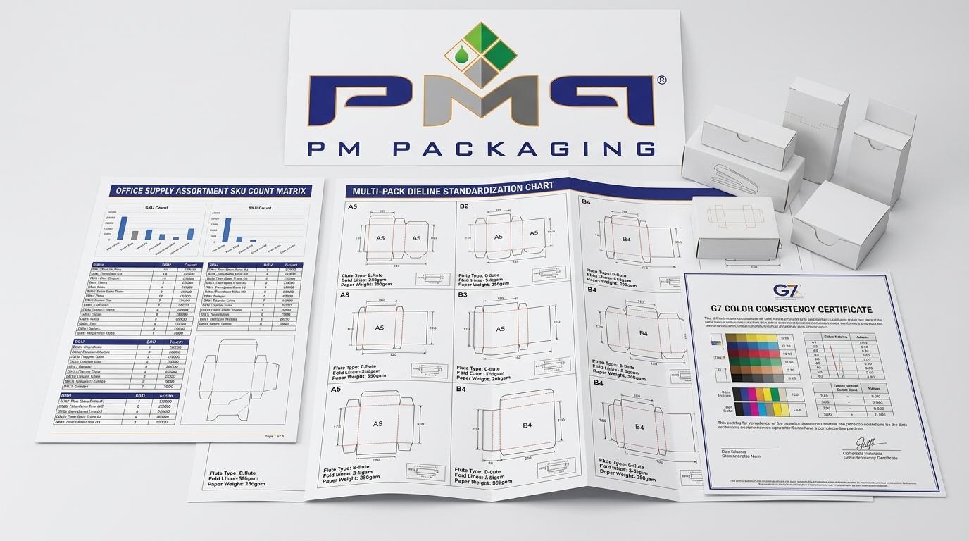 Office supply assortment SKU count matrix, multi-pack dieline standardization chart, and G7 color consistency certificate with PM Packaging logo