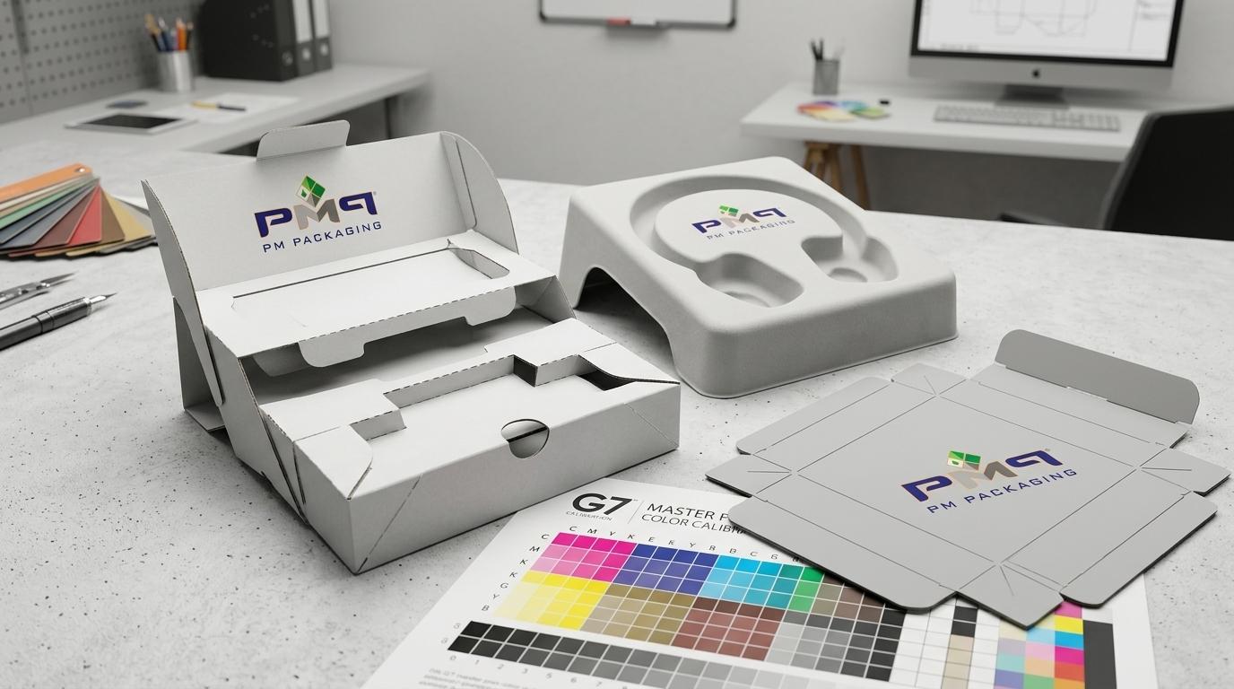 Commercial packaging engineering components for consumer audio hardware showing precision folding paperboard tray, Type-3 molded fiber acoustic insert, structural CAD dieline sample, and G7 Master color calibration sheet with PM Packaging branding