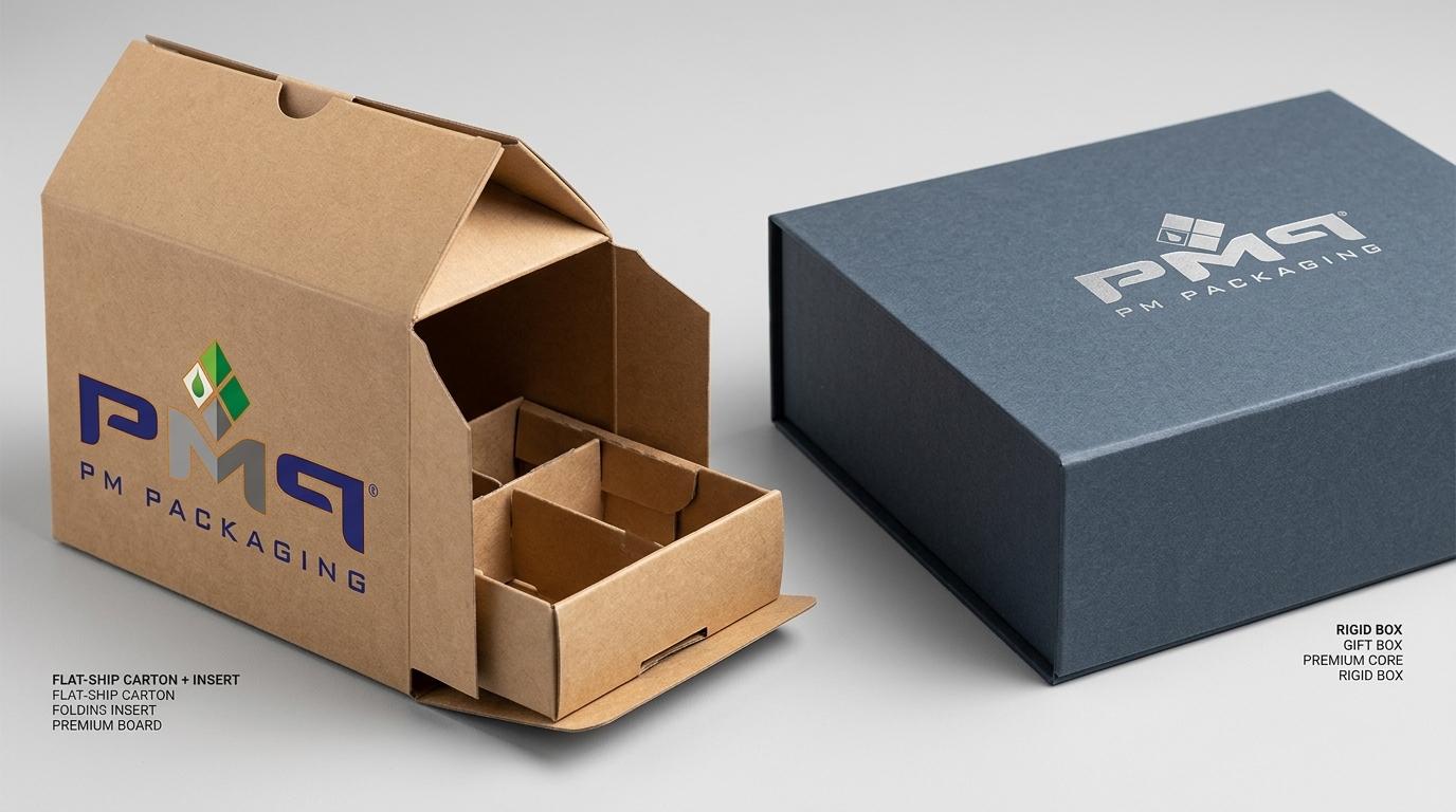 Comparison of flat-ship folding carton with paperboard insert alongside an assembled rigid box with PM Packaging logo