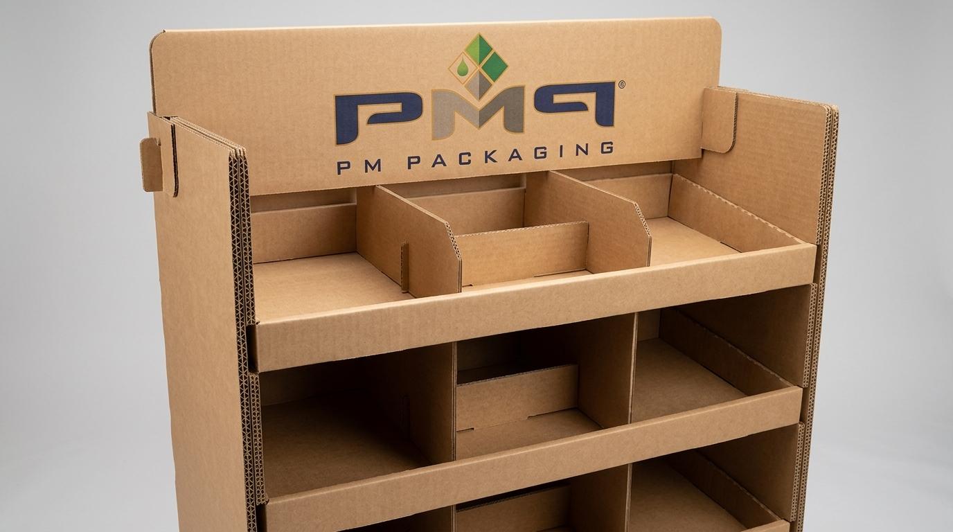 Corrugated retail floor display shelf showing modular product tray dividers, header locking tabs, and reinforced sidewalls with PM Packaging logo