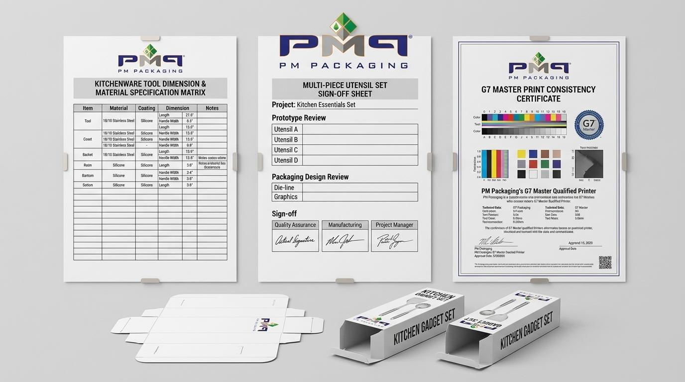 Kitchenware tool dimension and material specification matrix, multi-piece utensil set sign-off sheet, and G7 Master print consistency certificate with PM Packaging logo