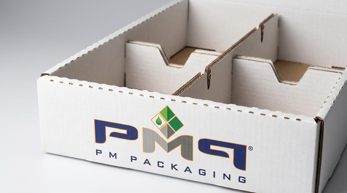 Corrugated retail-ready packaging RRP tray showing clean tear-away perforations, front brand lip, and divider channels with PM Packaging logo