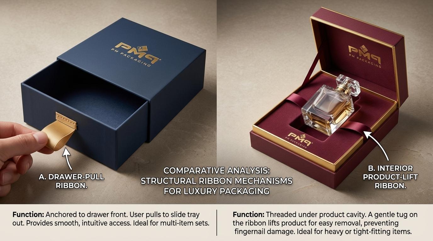 Comparative studio product photo of two structural ribbon mechanisms: left shows a drawer-pull ribbon on a sliding tray; right shows a product-lift ribbon raising a crystal perfume bottle