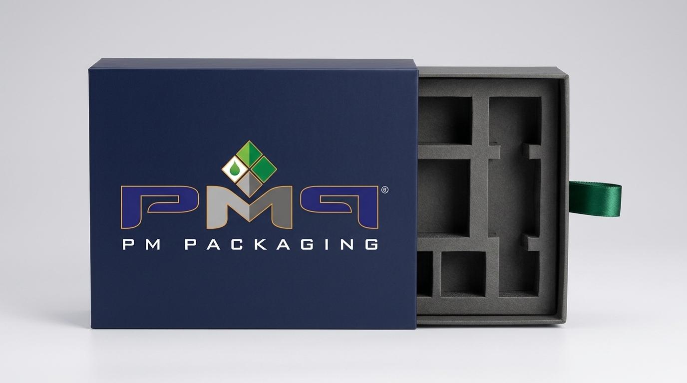 Luxury ribbon-pull drawer box with interior tray partially pulled out showing satin ribbon tab and custom insert with PM Packaging logo