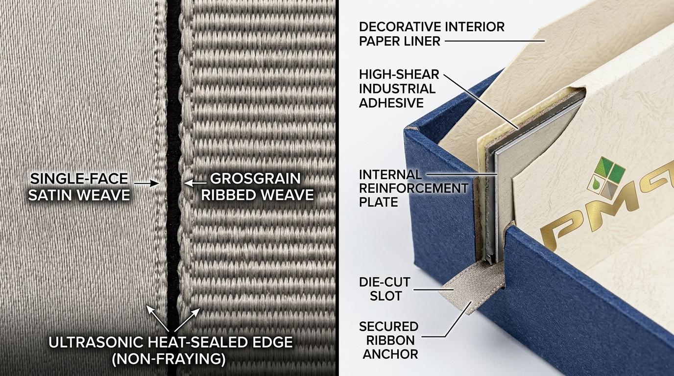 Macro engineering detail showing satin versus grosgrain ribbon weaves, ultrasonic heat-sealed cut edge, and cutaway diagram of the concealed anchor plate behind the inner tray wall