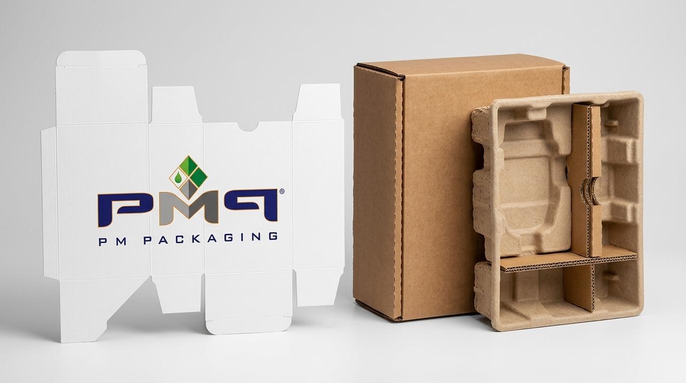 Medical device paperboard folding carton dieline blank alongside a heavy-duty SFL secondary outer box with PM Packaging logo