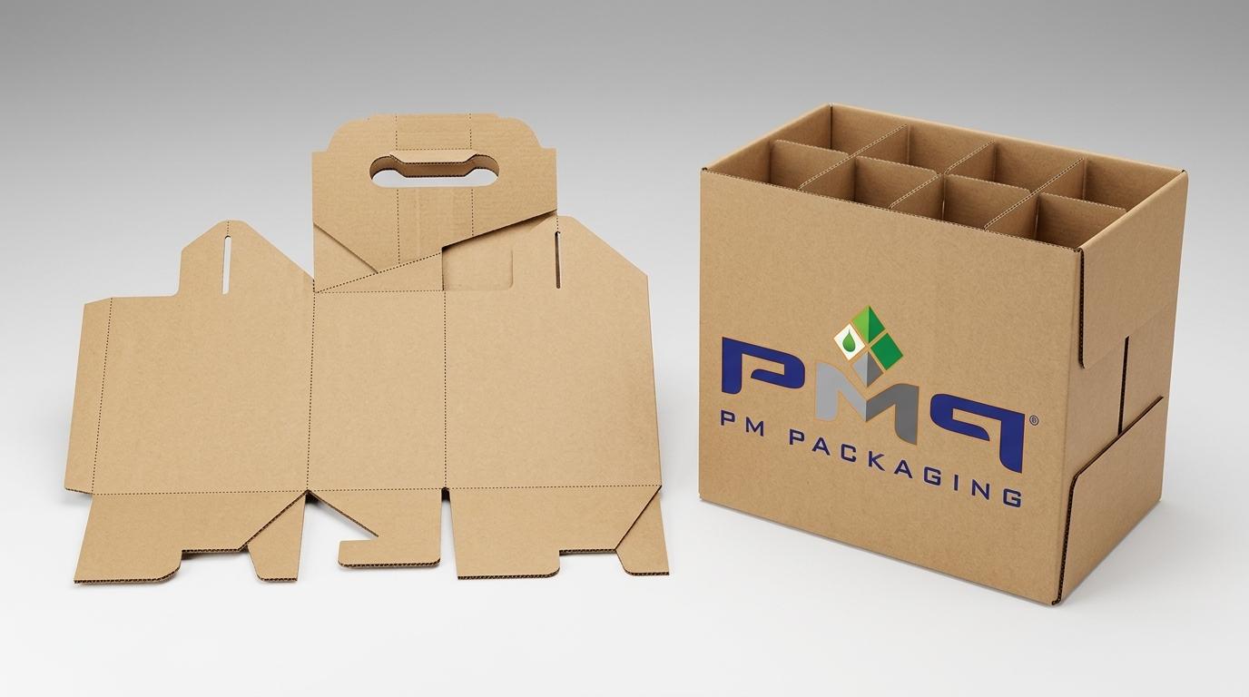 Heavy-duty SFL beverage carrier dieline flat blank with integrated reinforced handle flaps alongside an assembled 12-pack SFL box featuring PM Packaging logo