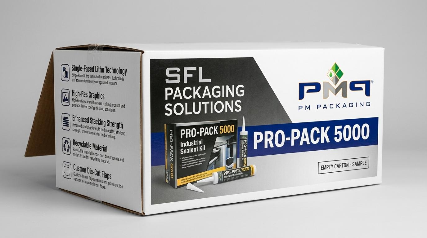 Large SFL carton with wide front panel showing high-resolution printed graphics and side-panel technical callouts with PM Packaging logo