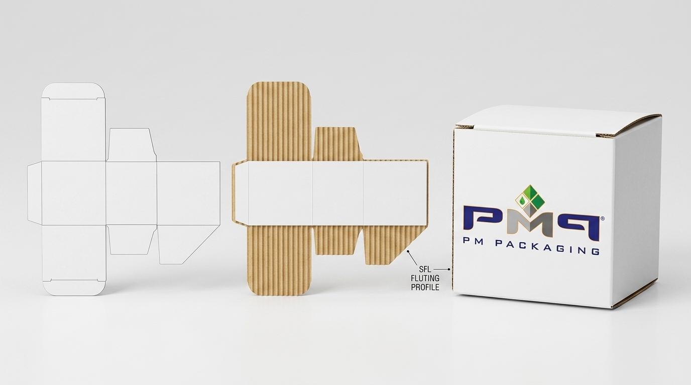 Comparison of conventional paperboard folding carton blank alongside an SFL carton dieline flat blank showing fluted structural backing with PM Packaging logo