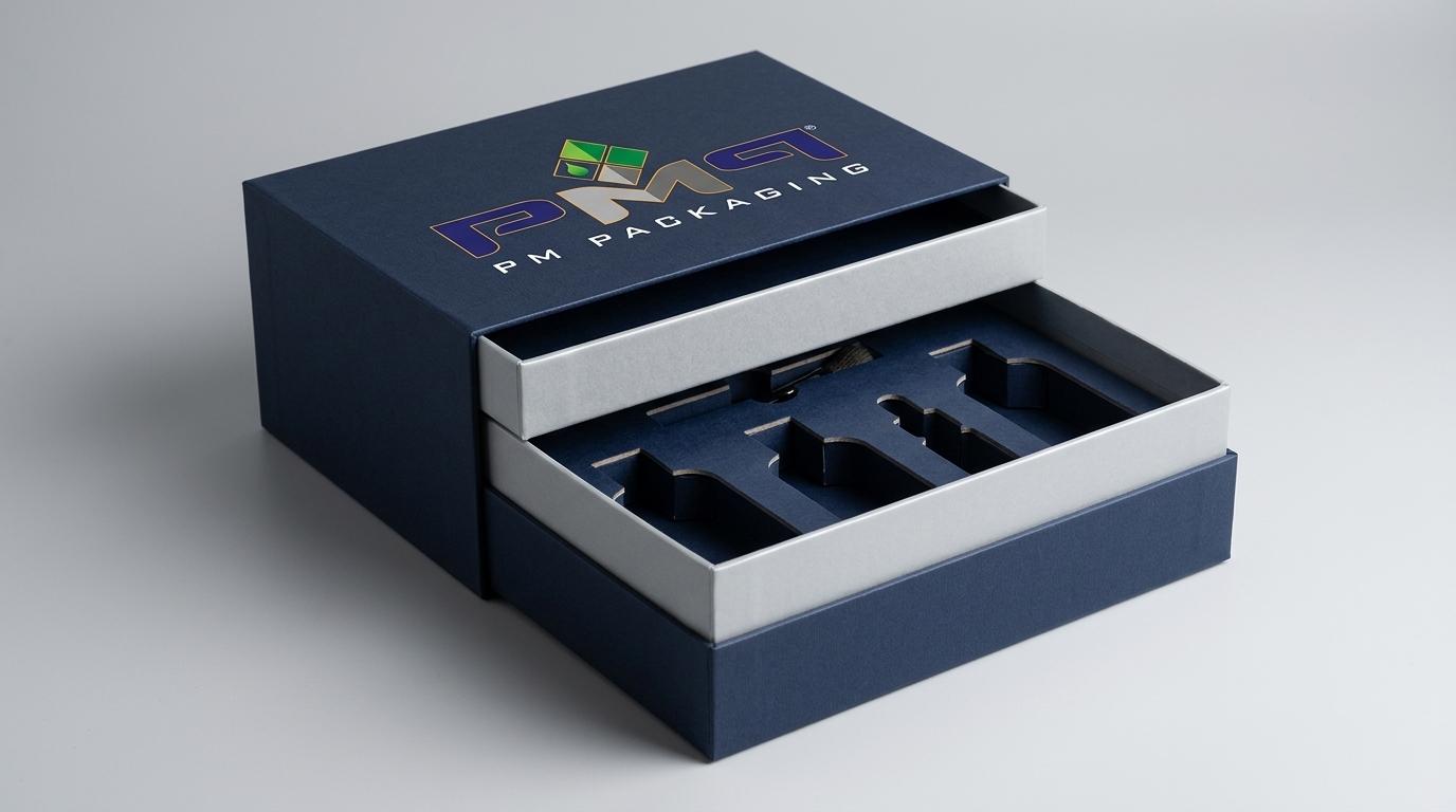 Shoulder-neck rigid box with telescoping lid lifted showing interior neck collar and custom bottle insert featuring PM Packaging logo
