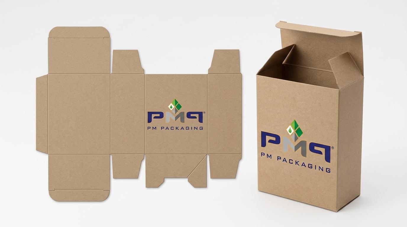 Flat paperboard dieline blank alongside an erected straight tuck end (STE) carton with PM Packaging logo