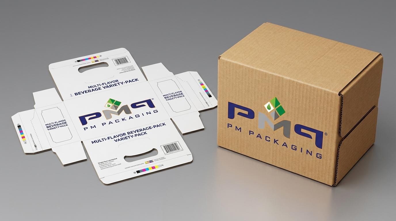 Multi-flavor beverage variety-pack paperboard carton dieline flat blank alongside an SFL variety-pack box with PM Packaging logo