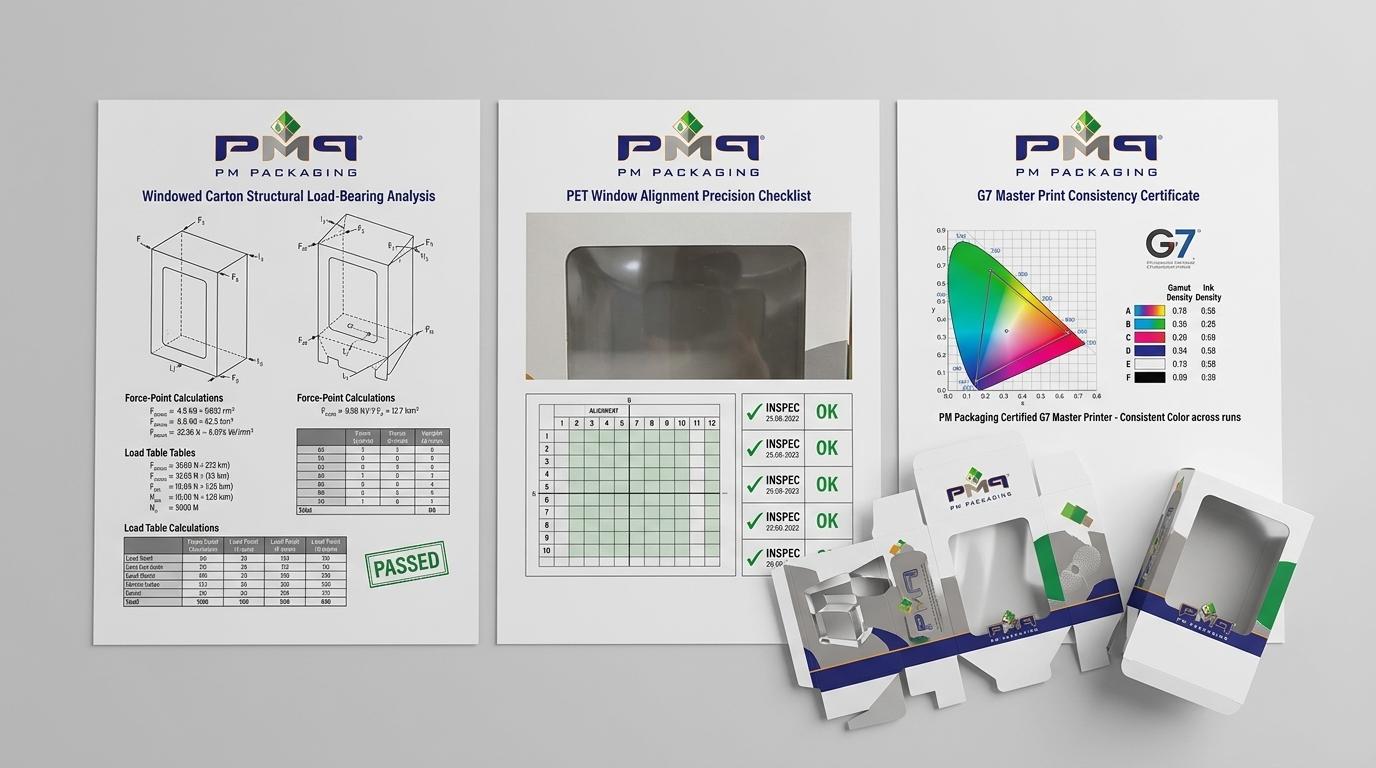 Windowed carton structural load-bearing analysis sheet, PET window alignment precision checklist, and G7 Master print consistency certificate with PM Packaging logo