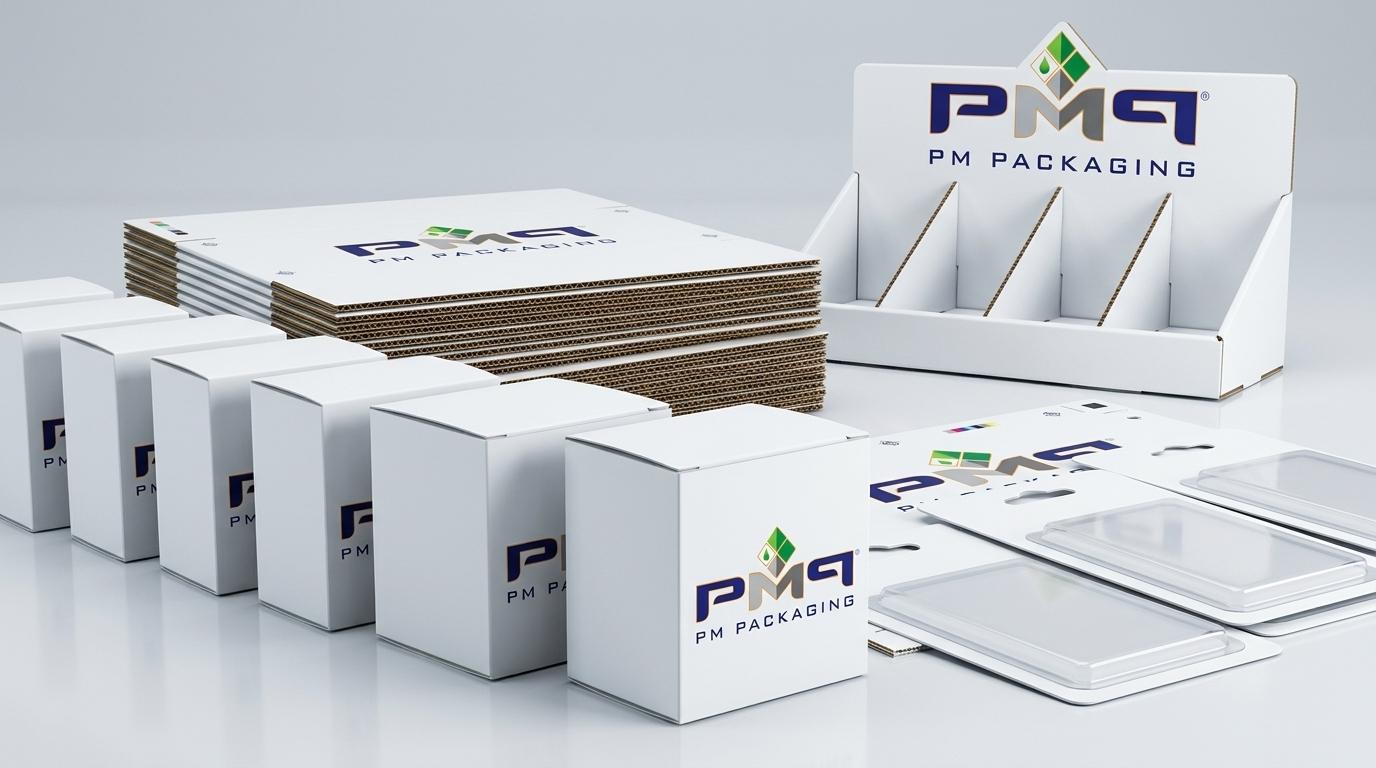 PM Packaging precision-engineered secondary packaging structures, folding cartons, SFL microflute displays, and blister cards staged for automated contract packaging lines