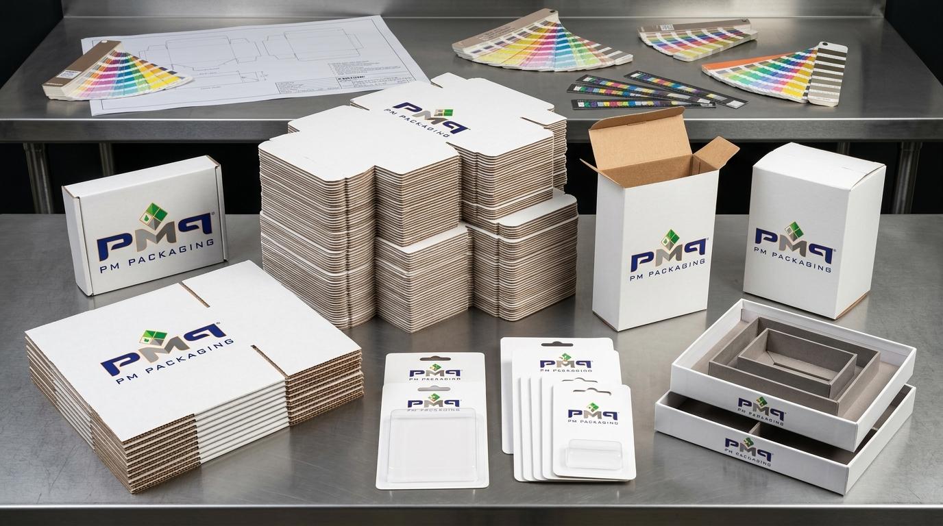 PM Packaging dual-plant manufacturing precision folding carton blanks, fluting samples, setup boxes, and quality control staging