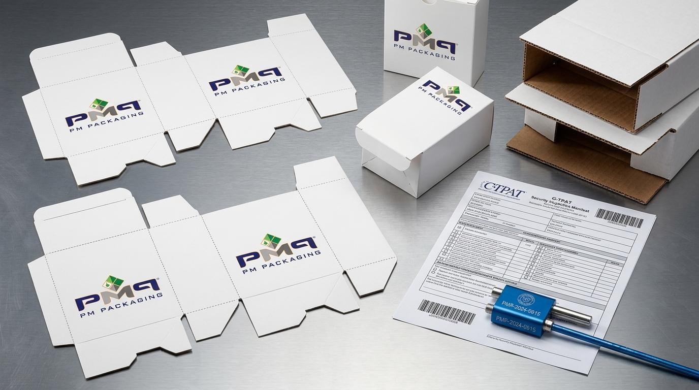 Commercial paperboard CAD dielines, folding cartons, C-TPAT security inspection manifest, and ISO 17712 high-security bolt seal with official PM Packaging branding
