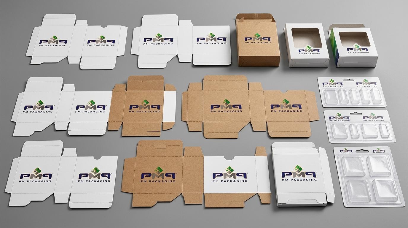 PM Packaging precision folding carton blanks, blister cards, and microflute structures displaying standardized dielines, laser crease channels, and official PM Packaging branding