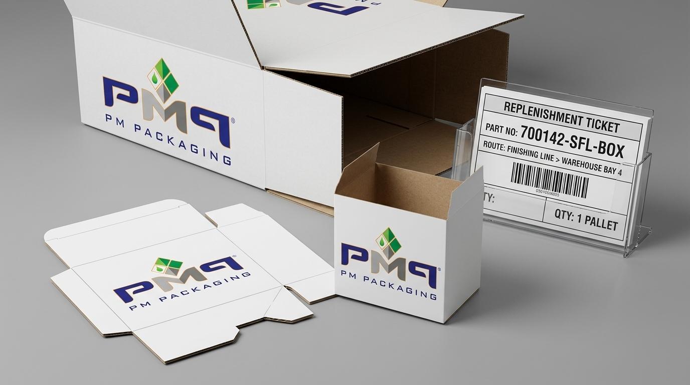 PM Packaging precision engineered folding carton blanks, erected cartons, SFL microflute box, and Kanban replenishment pull card ticket