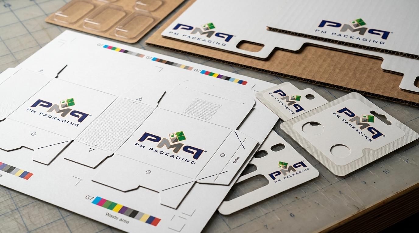 PM Packaging structural converting precision blanks, blister cards, and Single Face Laminate microflute samples with crisp dielines and official PM Packaging branding