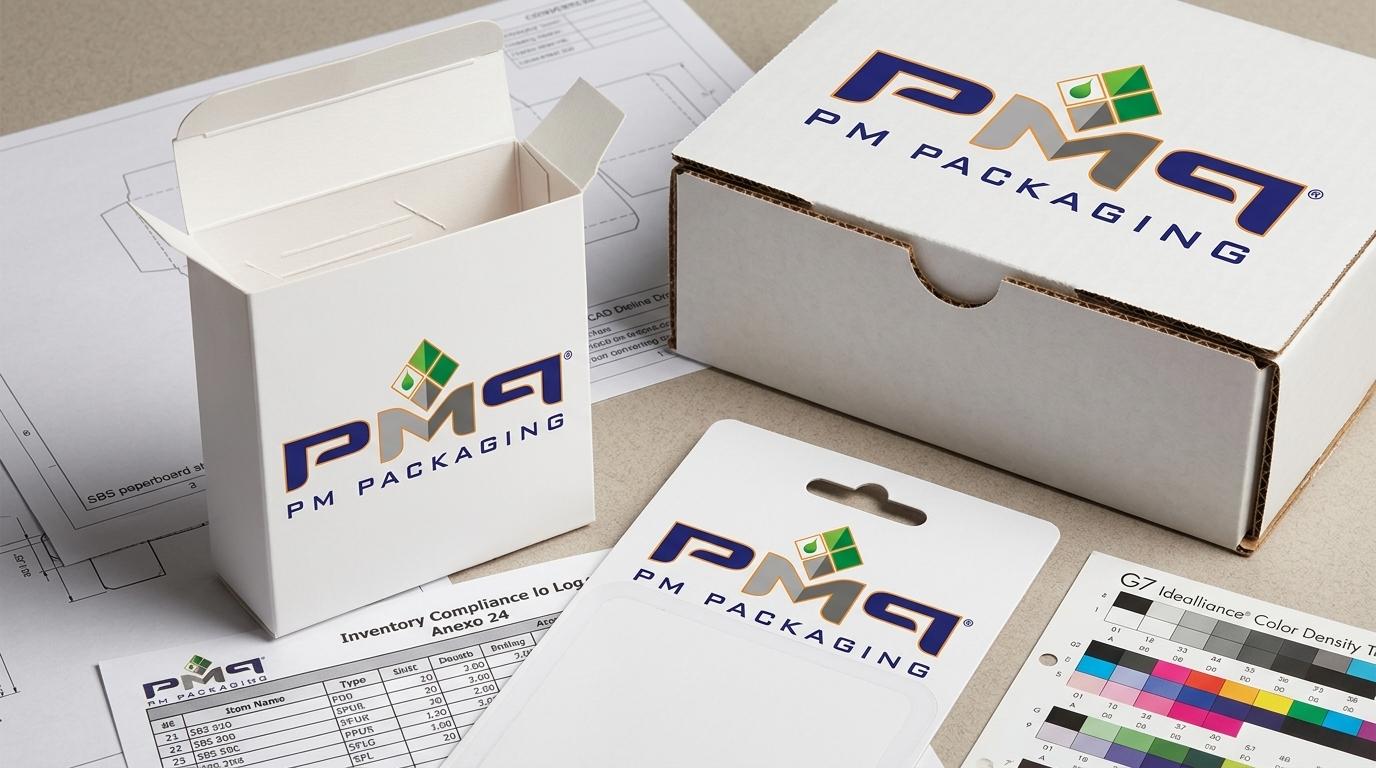 PM Packaging precision engineered secondary folding carton, litho-laminated SFL microflute box, and blister card packaging with technical dielines, Anexo 24 inventory logs, and G7 color bars