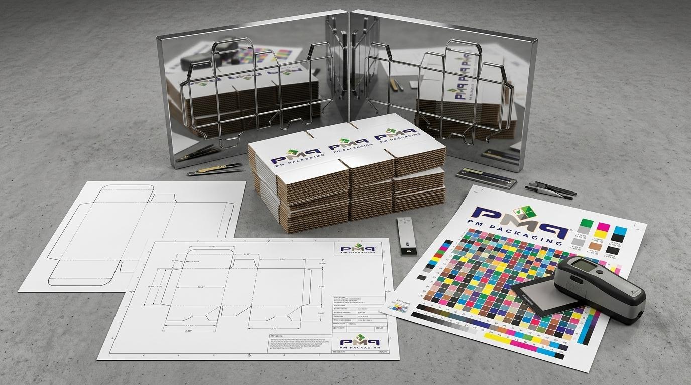 PM Packaging precision folding carton blanks, CAD dielines, G7 spectrophotometer color targets, and mirrored multi-plant packaging quality control staging